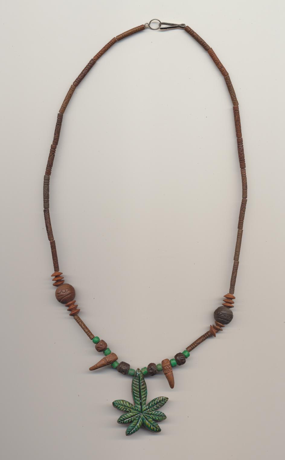 Vintage necklace for boys in hippie style, made of clay beads, Peru, 1960's, length necklace 19'' 48cm., pendant 1.5'' 4cm.