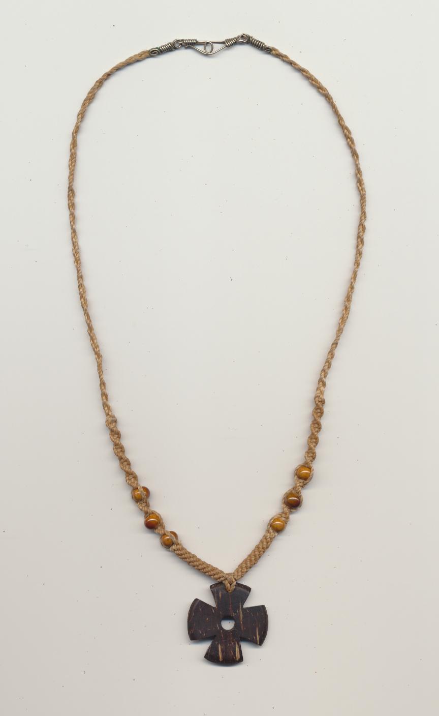 Necklace for boys made of macrame with wooden beads and coconut wood pendant, length necklace 17.5'' 44cm., pendant 1'' 2.5cm.