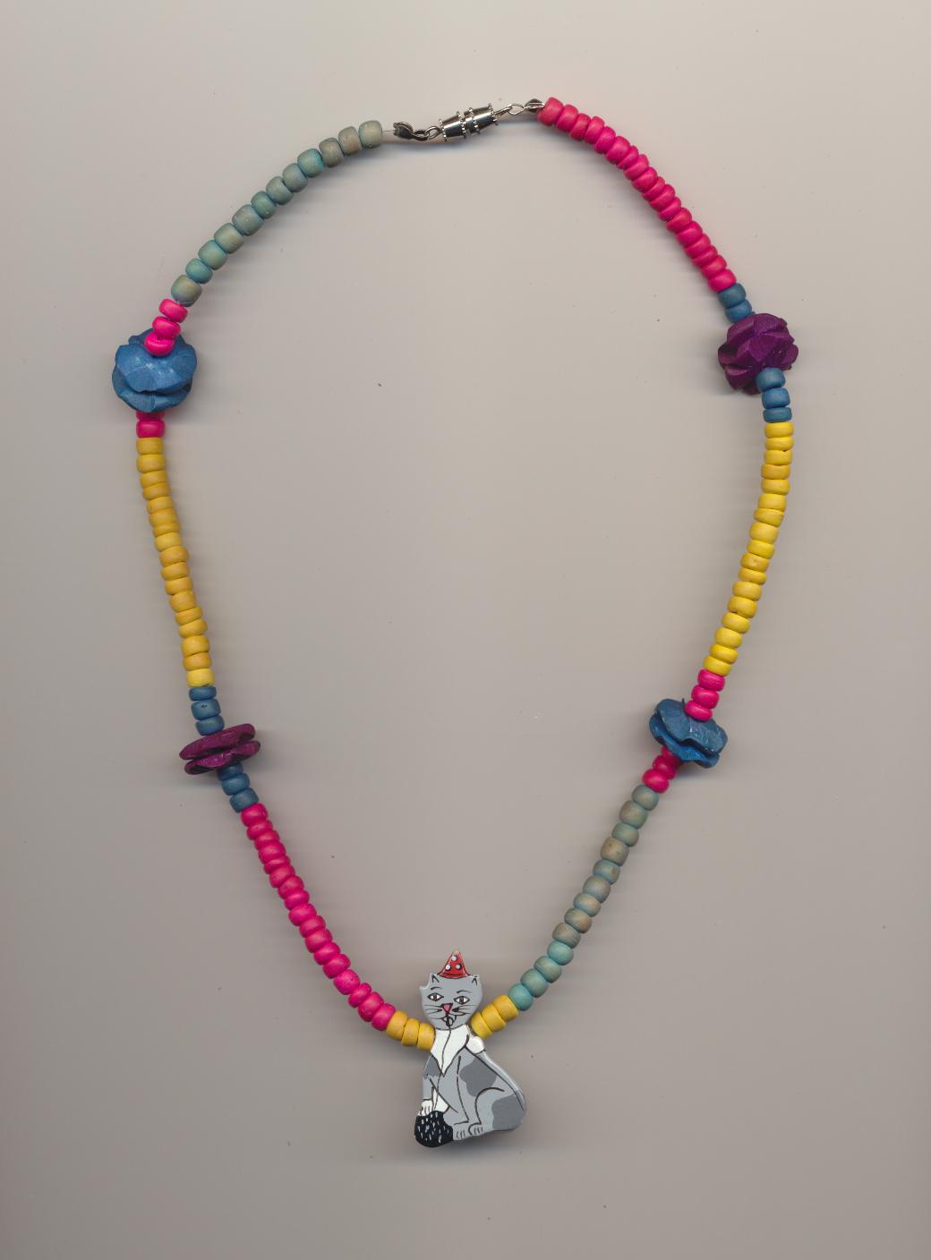 Lovely colorful wooden beads necklace with wooden painted kitten bead ...