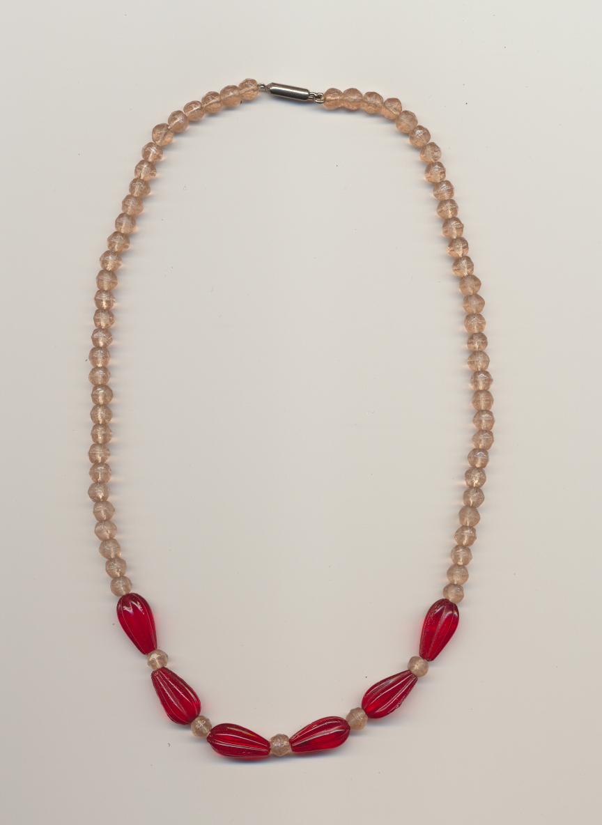 Art Deco necklace made of Czech press molded Rosaline and Cherry red glass beads thrown to the public during the Mardi Gras Parade, 1930's, length 16'' 44cm.
