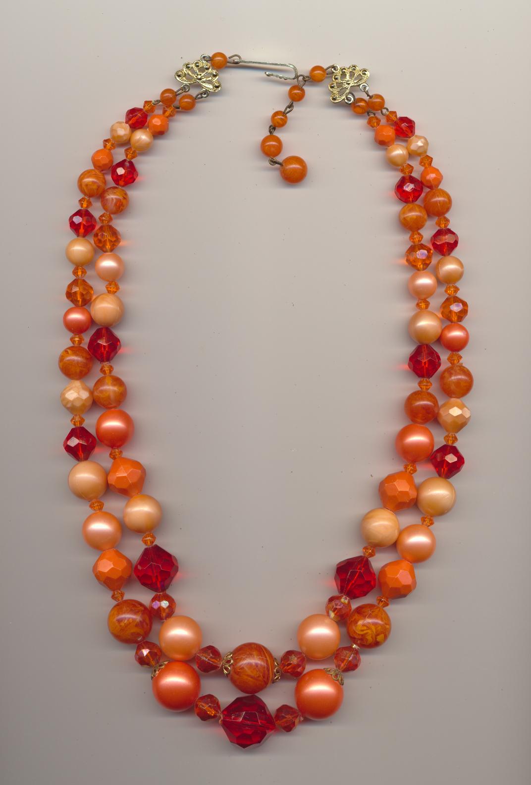 Showily vintage necklace made of plastic beads, Germany, 1960's, length inner row 18'' 46cm., outer row 20.5'' 52cm., extension chain 2'' 6cm.