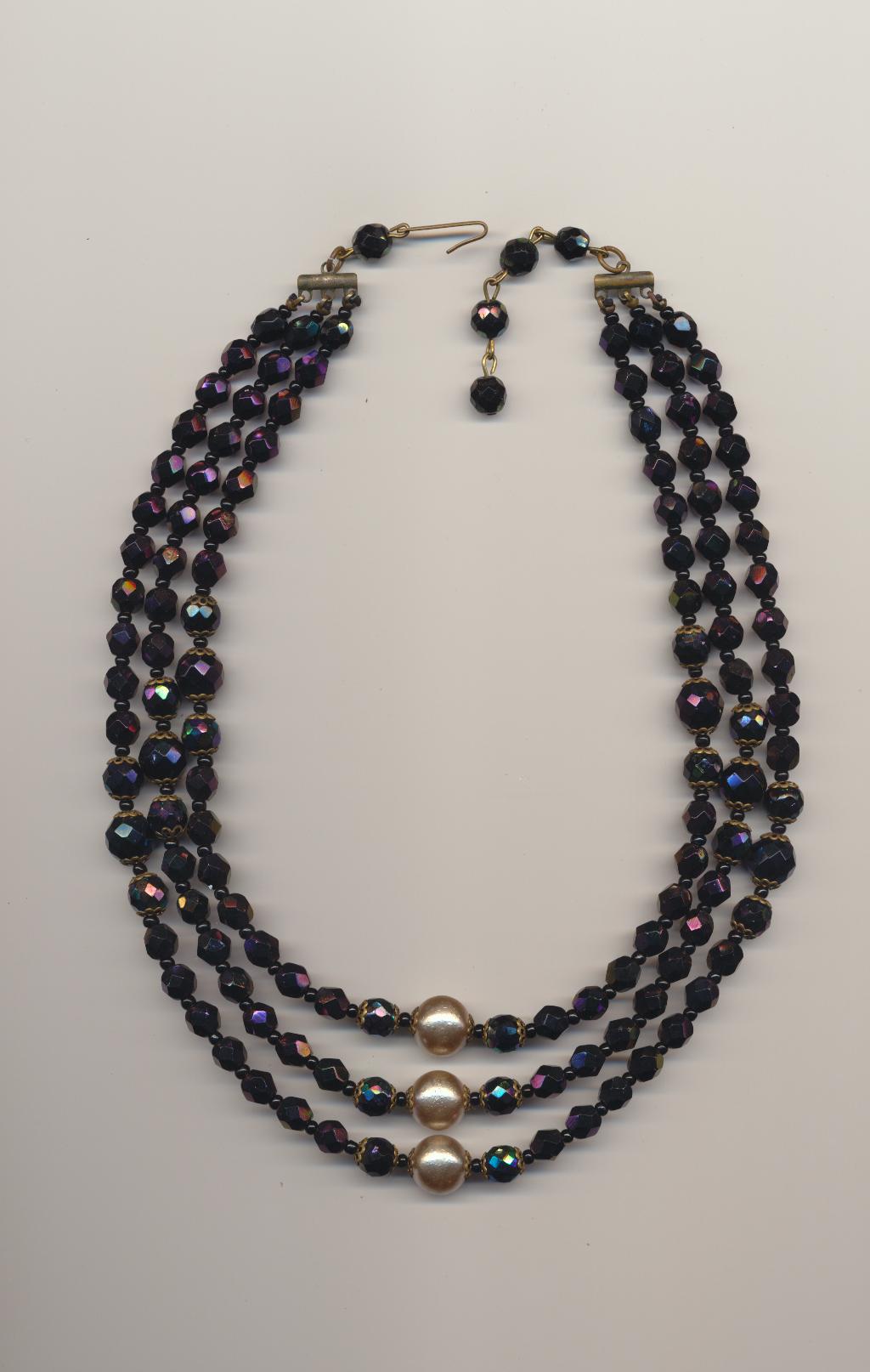 Elegant three strand vintage necklace made of aurora borealis black crystal beads and pearly coated glass beads, Germany, early 1960's, length inner row 14.5'' 37cm., outer row 18'' 46cm.